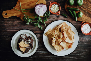 Ingredients for homemade mexican green chilaquiles, nachos tortilla corn for breakfast in Mexico
