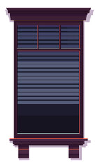 Dark window covered with blinds. Cartoon wooden frame