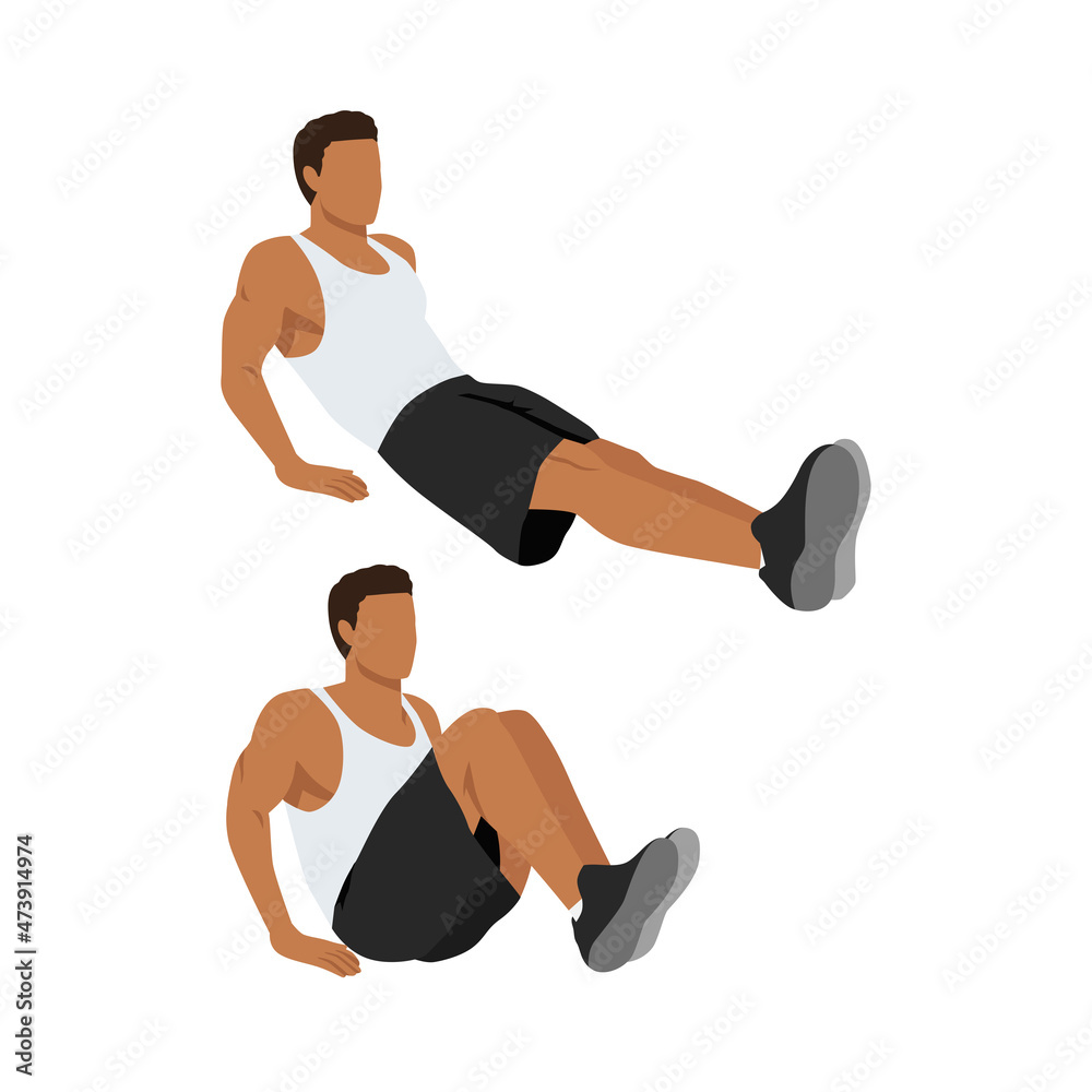 Wall mural man doing leg pull in knee up. flat vector illustration isolated on white background. abdominals exe