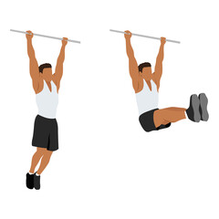 Man doing hanging leg raises to bar flat vector illustration. Abdominals exercise isolated on white background