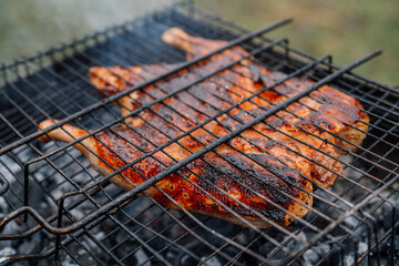 charcoal cooking grilled chicken brazier nature fresh air