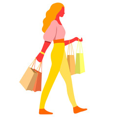Woman walking with handbags, shopping, fashionista in the store. A girl on sale buying things. Isolated graphic. Vector illustration in bright summer colors