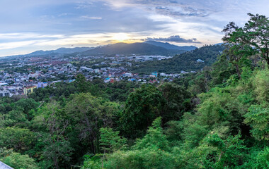 Fototapeta na wymiar Panoramic view old phuket town viewed from Khaorang Hill and in the distance is Challong Bay and the islands big Buddha and Rawai Phuket Thailand
