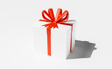 3d rendering White gift box with Red ribbon bow levitating on  background. White gift box with Red ribbon, on White background. Concept for women and holidays. 3D Rendering