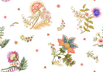 Obraz na płótnie Canvas Fantasy flowers in retro, vintage, jacobean embroidery style. Seamless pattern, background. Vector illustration.