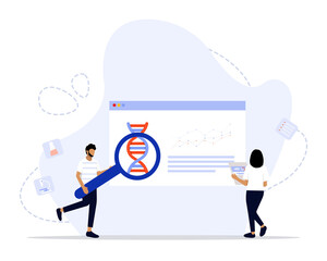 Vector Illustration, Genetic DNA Science Concept, Showing a group of young scientists investigating DNA, Suitable for landing page, ui, web, App intro card, editorial, flyer, and banner