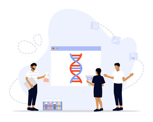 Obraz na płótnie Canvas Vector Illustration, Genetic DNA Science Concept, Showing a group of young scientists investigating DNA, Suitable for landing page, ui, web, App intro card, editorial, flyer, and banner