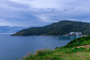 Fototapeta premium Kata Beach, Kata Noi beach Phuket with beautiful blues and Greens, turquoise oceans islands mountains boats trees and beautiful resort island of phuket thailand