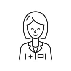 Doctor or nurse outline icon, medical service professional thin line sign. Medicine clinic, health care or emergency service woman doctor vector symbol. Healthy lifestyle nutritionist pictogram