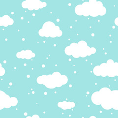 Winter Seamless pattern with white clouds and flat snowflakes and dots on blue sky.