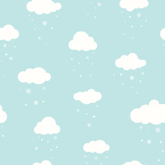 Winter Seamless pattern with white clouds and flat snowflakes and dots on blue sky.