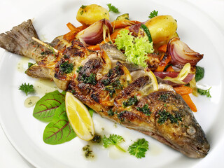 Grilled Fish - Rainbow Trout isolated on white Background