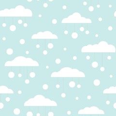 Winter Seamless pattern with white clouds, snow balls and dots on blue sky.