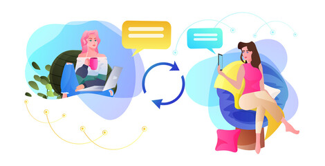 women using online chatting app on digital gadgets chat bubble communication concept full length