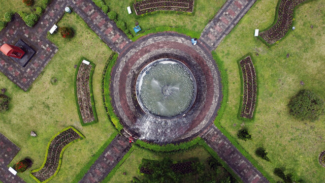 Aerial Shot Of Water Fountain From Above.