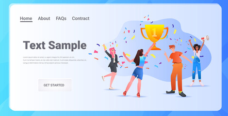 businesspeople with golden trophy cup celebrating victory achievement business success congratulation