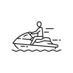 Man riding on water bike, scooter isolated outline icon. Vector summer voyage cruise transportation marine transport. High-speed jet ski, speed power water motorcycle bike, floating on sea waves