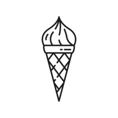 Soft serve ice cream in waffle cone isolated outline icon. Vector italian sundae swirl in wafer, cold refreshing summer dessert. Gelato sweet ice-cream takeaway snack thin line frozen candy