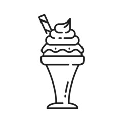Milk yoghurt ice cream with candy stick in glass vase isolated thin line icon. Vector summer refreshing ice cream cold frozen dessert in cream bowl. Gelato swirls, tasty whipped vanilla cream