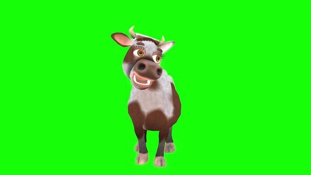 3d animation of a funny cartoon cow singing and moving legs.