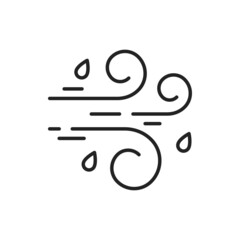 Windy rainy sign isolated outline icon. Vector blowing wind and hail mixed rain, cold weather symbol. Curve lines and drops, strong storm swirls, climate, meteorology and temperature sign