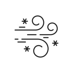 Blowing snow isolated windy weather, meteorological forecast outline icon. Vector strong snowstorm, windstorm, blizzard. Cold wind with snowflakes. Winter season weather, cold climate symbol