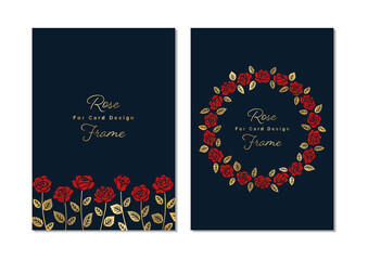 Rose Illustrations Card Design Set, Red Flowers and Gold Leaves on Navy Background
