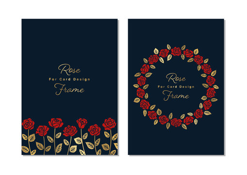Rose Illustrations Card Design Set, Red Flowers And Gold Leaves On Navy Background