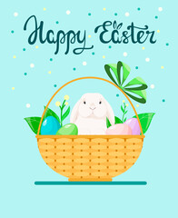 Happy Easter. A greeting card with a cute rabbit in a basket with eggs. Cartoon design.
