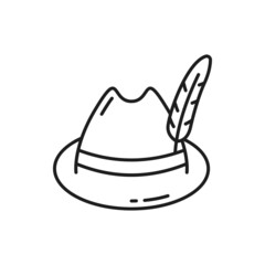 Retro hat with feathers isolated Oktoberfest cap thin line icon. Vector retro headwear, head accessory. Oktoberfest Alpine cap, traditional attribute of German beerfest and Munich carnival celebration