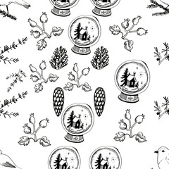 Seamless Christmas Patterns Black White Hand-Drawn Digital Paper