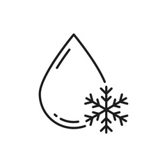 Freezing water, drop with snowflake isolated outline icon. Vector no frost sign, fridge or refrigerator symbol, winter weather forecast sign. Flake and aqua, defrosting and pure refreshing drinks