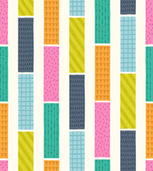 Seamless playful striped doodle pattern background. Colorful rectangle textured scribble print - 473920395