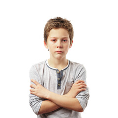 crying sad boy, isolated on white background. beautiful child with red eyes