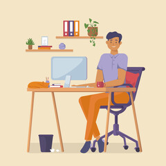 A man working in a home office. He sits at a table in a cozy room and works online. The concept of home office and freelancing. Flat Vector Illustration.