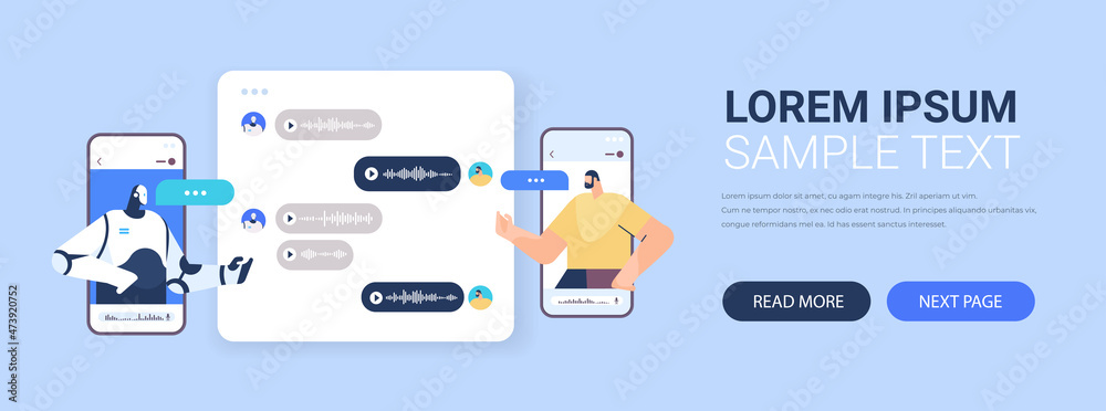 Poster man chatting with chatbot robotic assistant by voice messages audio chat mobile app artificial intel