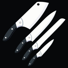 set of realistic kitchen knives isolated on black, Vector illustration, chef knives, Cutlery icon set