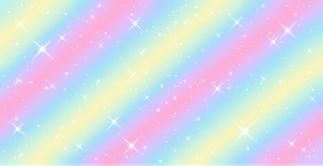 Rainbow fantasy background. Holographic illustration in pastel colors. Cute cartoon girly background. Bright multicolored sky with stars. Vector.