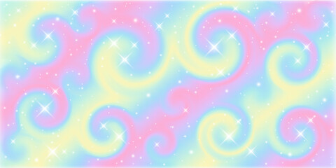 Fantasy background. Holographic illustration in pastel colors. Cute cartoon girly background. Bright multicolored sky with stars. Vector.