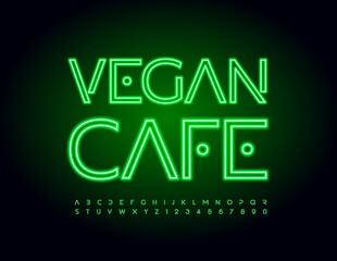 Vector Glowing Emblem Vegan Cafe. Original Neon Font. Modern Alphabet Letters and Numbers set