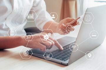 Businessman working remotely at office, modern interface payments online shopping and icon customer...