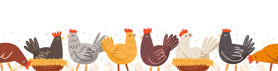 Hen, bird, cock, chicken, nest set. Domestic animals. Farm, countryside life. Eco food production. Easter holiday. Vector border. Design element.