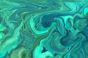 Abstract fluid art background blue and turquoise colors. Liquid marble. Acrylic painting with...