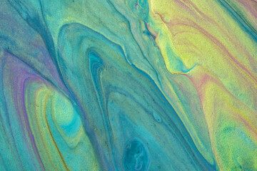 Abstract fluid art background green and blue colors. Liquid marble. Acrylic painting with gradient.
