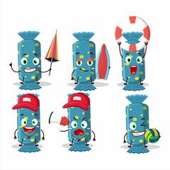 Happy Face blue long candy package cartoon character playing on a beach