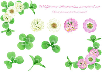 野の花・白詰草、むらさき詰草の水彩風パーツ素材／Watercolor-style parts material of wild flowers, white clover, and purple clover