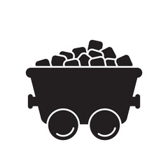 Ore cart silhouette icon. Black simple vector of rail trolley with coal. Contour isolated pictogram on white background