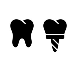 Teeth implant silhouette icon. Black simple vector of healthy tooth and with dental pin. Contour isolated pictogram on white background