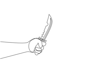 Continuous one line drawing hand holding military knife. Fighting knife designed solely for military use, primarily intended for hand-to-hand or close combat fighting. Single line draw design vector