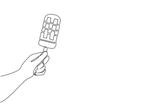 recommend clip art: Single one line drawing hand holding popsicle. Ice cream on stick in human hands. Fruit juice ice cream. For restaurant or cafe drink menu. Continuous line draw design graphic vector illustration